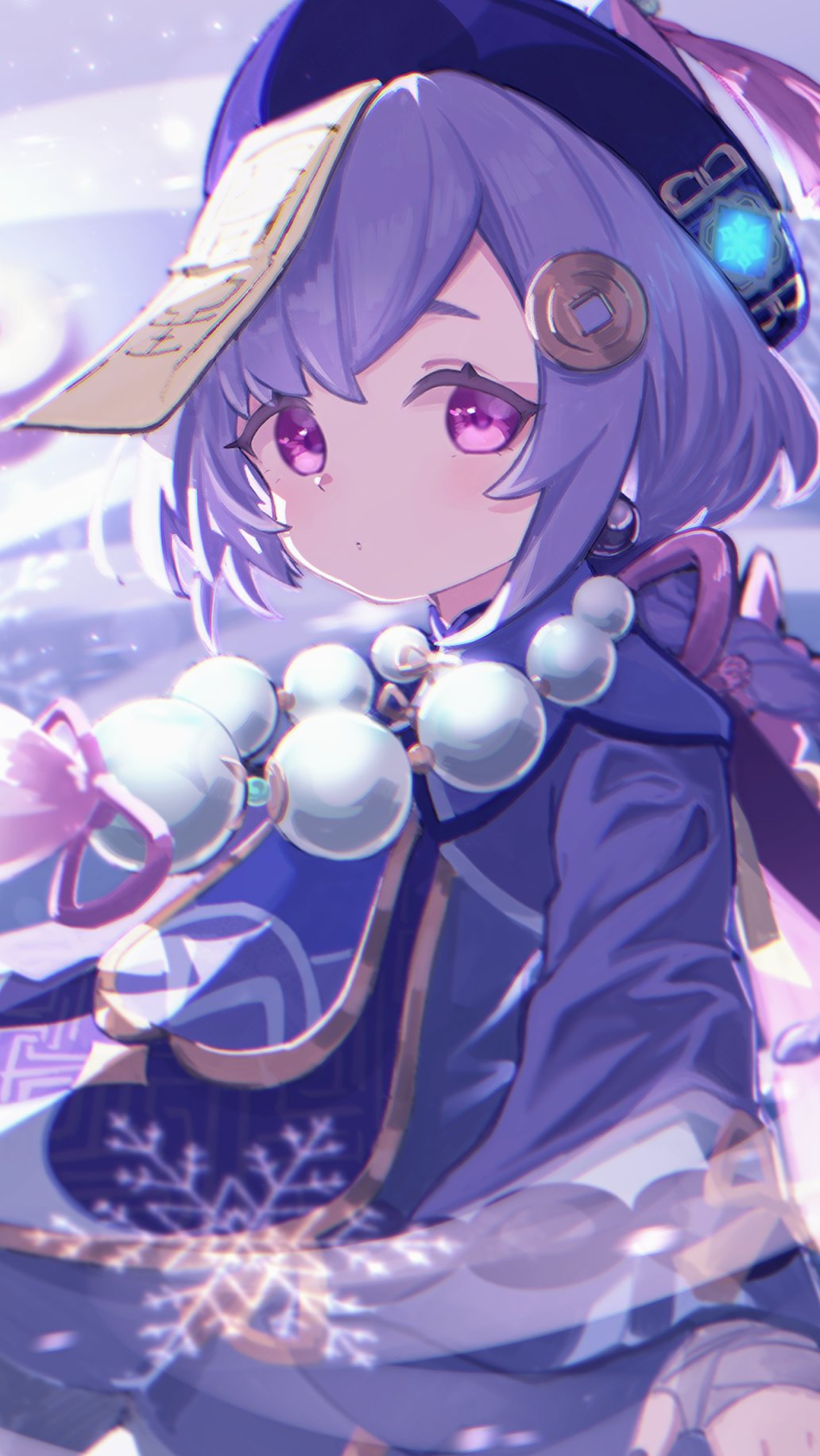1girl bandaged_hand bandages bead_necklace beads coin_hair_ornament genshin_impact hair_ornament hat highres jewelry jiangshi long_hair long_sleeves looking_at_viewer namaonpa necklace ofuda purple_hair qing_guanmao qiqi_(genshin_impact) snowflakes solo violet_eyes