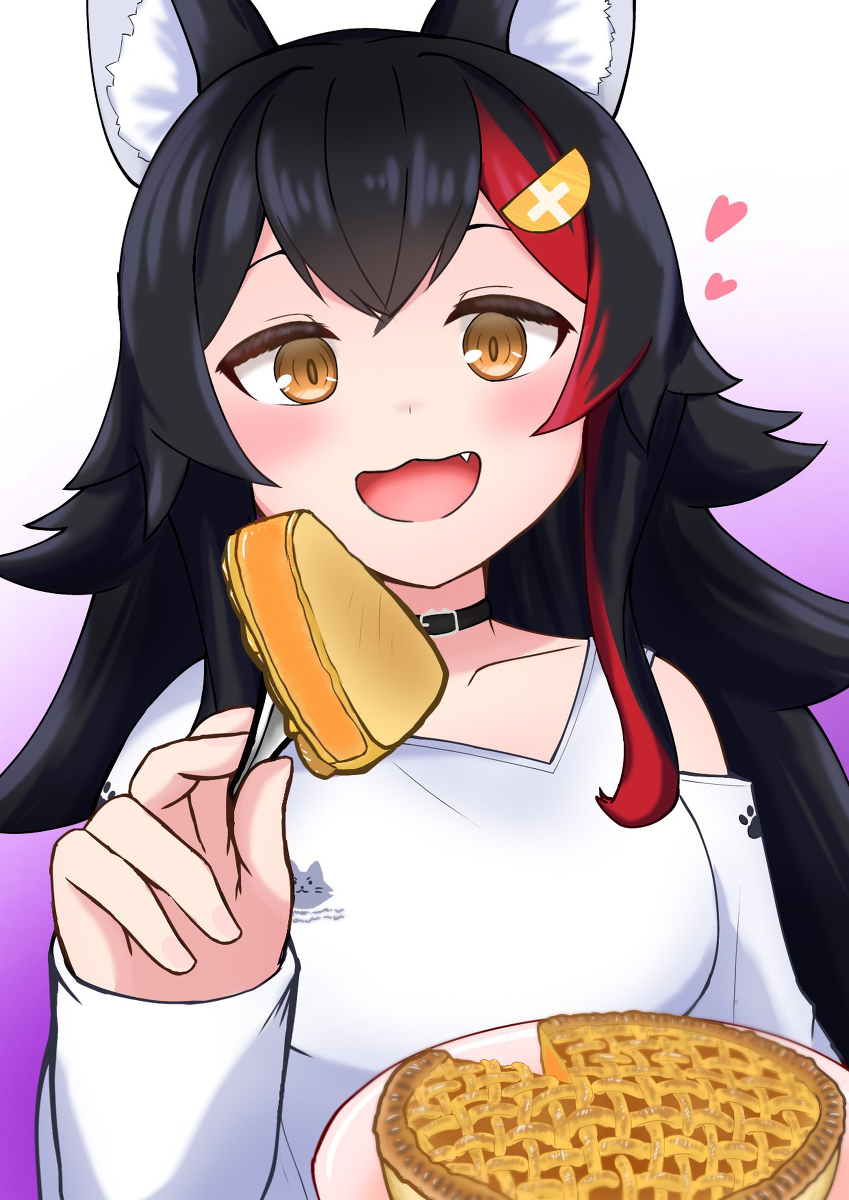 1girl animal_ear_fluff animal_ears black_hair clothing_cutout fang feeding food fork heart highres holding holding_fork hololive multicolored_hair ookami_mio open_mouth pie redhead streaked_hair tkc_(user_snjd8547) virtual_youtuber wolf_ears wolf_girl