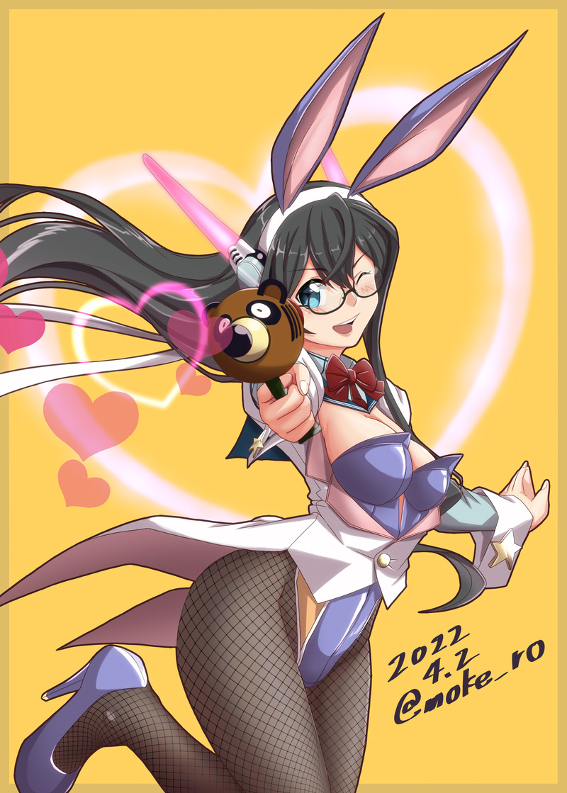1girl adapted_costume animal_ears black_hair bow bowtie breasts can_can_bunny coattails cosplay cowboy_shot cropped_jacket dated fishnet_legwear fishnets green_eyes gun jacket kantai_collection leotard long_hair looking_at_viewer moke_ro one_eye_closed ooyodo_(kancolle) pantyhose playboy_bunny purple_footwear purple_leotard rabbit_ears rabbit_tail red_bow red_bowtie semi-rimless_eyewear small_breasts solo swatty_(can_can_bunny) swatty_(can_can_bunny)_(cosplay) tail twitter_username under-rim_eyewear weapon white_jacket wrist_cuffs
