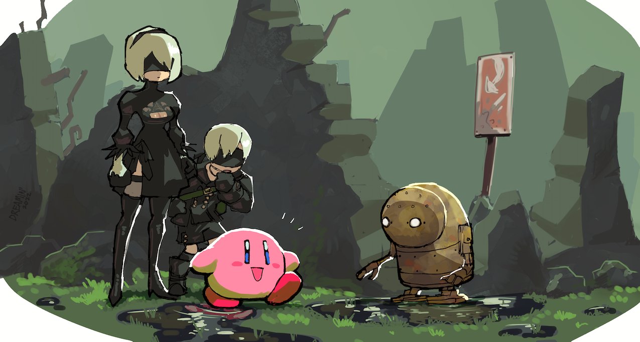 1boy 1girl black_blindfold black_dress black_hairband black_legwear blindfold boots breasts clothing_cutout crossover dreaminerryday dress gloves hairband kirby kirby_(series) kirby_and_the_forgotten_land long_sleeves mole mole_under_mouth nier_(series) nier_automata puffy_sleeves short_hair shorts silver_hair thigh-highs thigh_boots white_hair yorha_no._9_type_s yorha_type_p_no._2