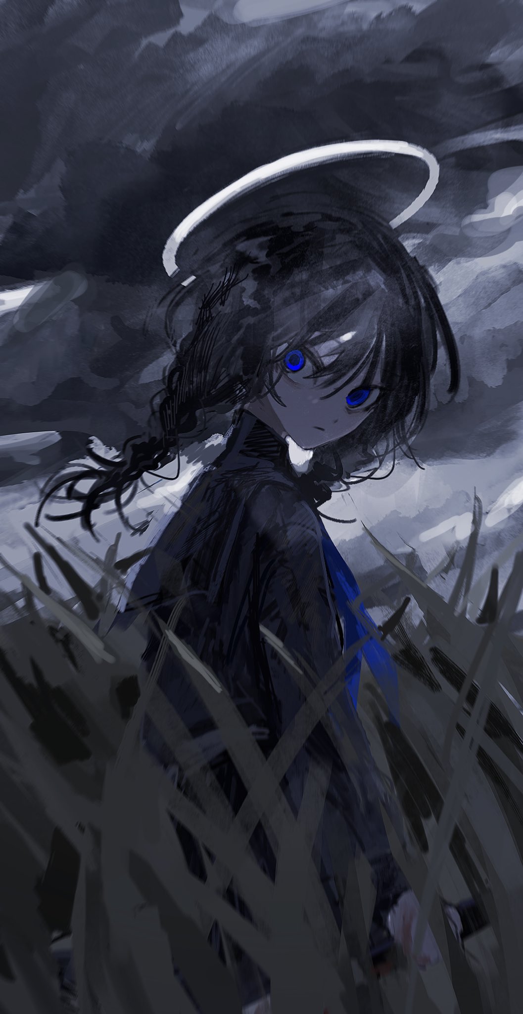 1girl bangs black_hair black_shirt blue_bow blue_bowtie blue_eyes bow bowtie braid dark_sky grass hair_between_eyes halo highres holding holding_sword holding_weapon katana long_hair looking_at_viewer looking_back low_twin_braids original overcast shirt siun_5513 solo sword twin_braids weapon