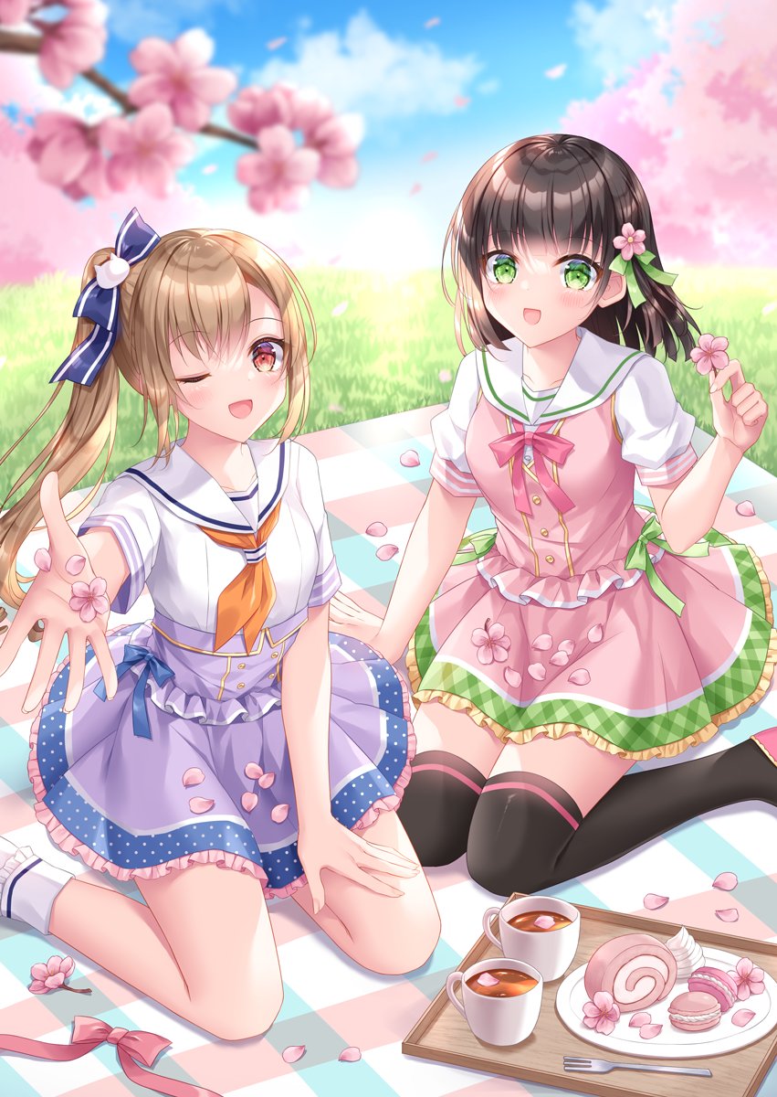 2girls ;d black_hair black_legwear blue_bow blue_sky blurry blurry_foreground bobby_socks bow brown_hair cake cat_hair_ornament clouds commentary_request cup day depth_of_field flower food fork frilled_legwear frilled_skirt frills grass green_eyes hair_bow hair_ornament hand_up highres holding holding_flower kohinata_hoshimi long_hair looking_at_viewer macaron multiple_girls neckerchief official_art one_eye_closed orange_neckerchief original outdoors outstretched_arm petals picnic pink_bow pink_flower pink_skirt pink_vest plate pleated_skirt puffy_short_sleeves puffy_sleeves purple_skirt sailor_collar shirt short_sleeves side_ponytail skirt sky smile socks swiss_roll thigh-highs tray very_long_hair vest white_legwear white_sailor_collar white_shirt