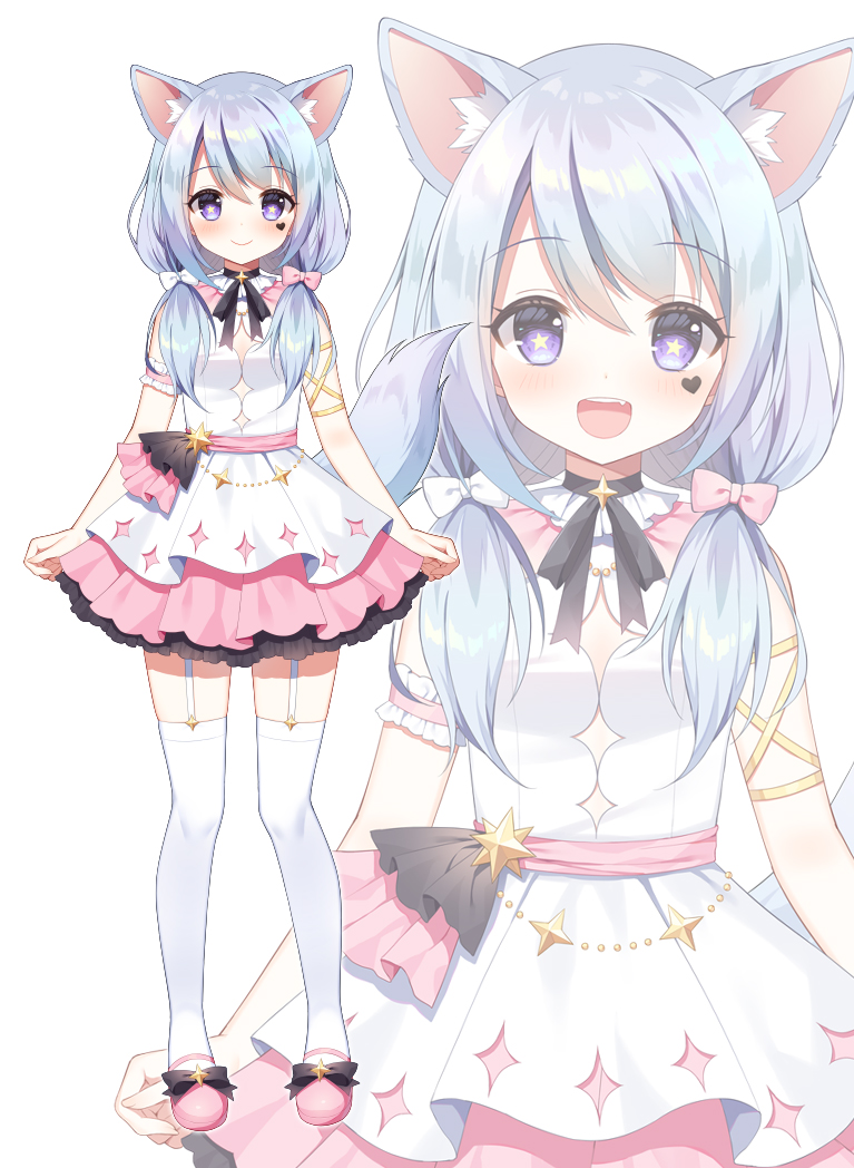 1girl :d animal_ear_fluff animal_ears bangs black_hair blue_hair blush bow character_request closed_mouth commentary_request eyebrows_visible_through_hair garter_straps hair_between_eyes hair_bow hair_over_shoulder indie_virtual_youtuber long_hair looking_at_viewer low_twintails mauve multicolored_hair multiple_views pink_bow pink_footwear pink_skirt pleated_skirt shirt shoes simple_background skirt smile standing star-shaped_pupils star_(symbol) streaked_hair symbol-shaped_pupils tail thigh-highs twintails violet_eyes virtual_youtuber white_background white_bow white_legwear white_shirt zoom_layer