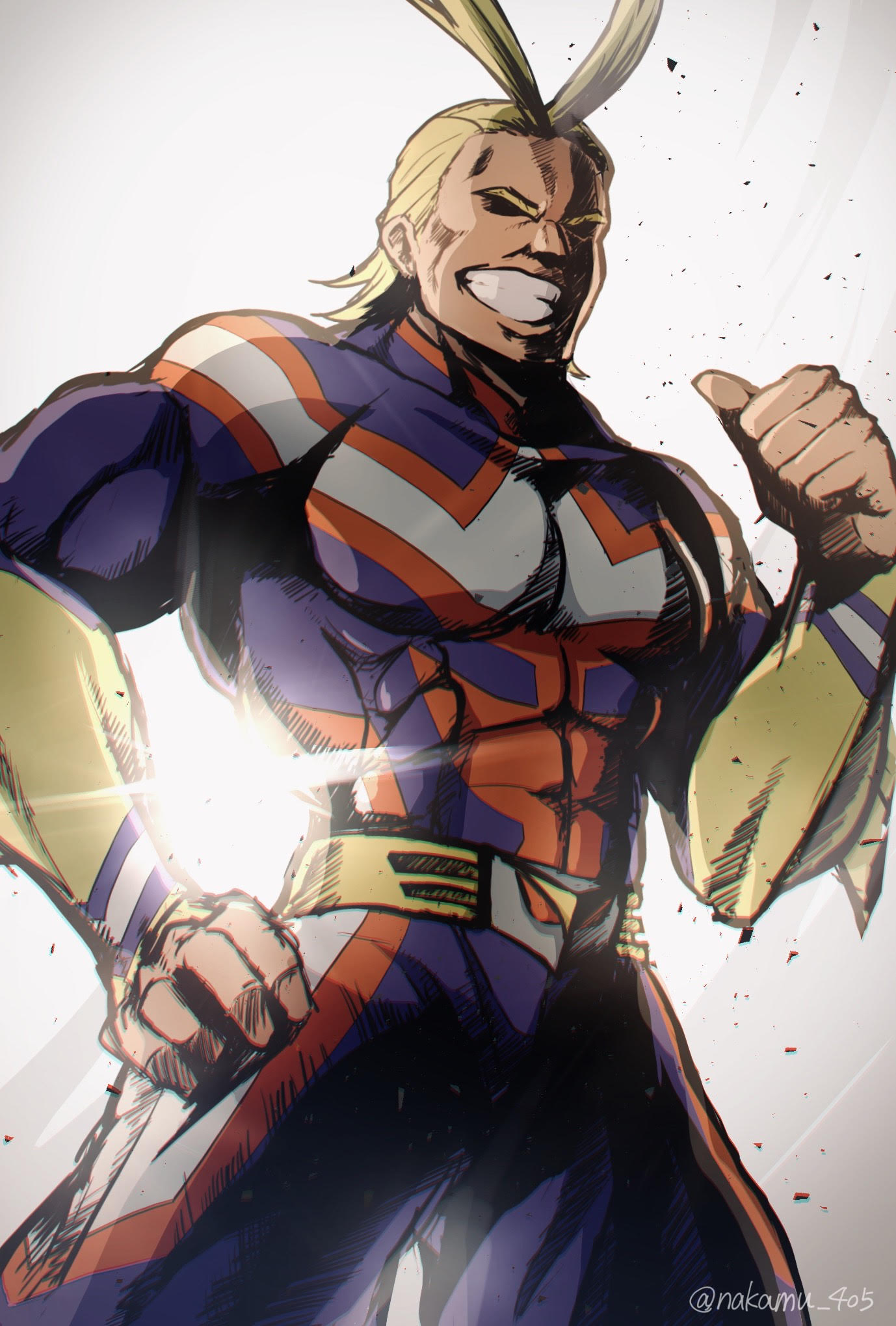 1boy abs all_might antenna_hair backlighting blonde_hair blue_bodysuit bodysuit boku_no_hero_academia covered_eyes grin hair_slicked_back hand_on_hip highres male_focus muscular muscular_male nakamu_405 pectorals skin_tight smile solo teeth thumbs_up twitter_username white_background