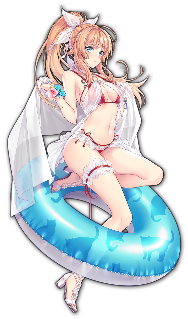 1girl aihara_mai artist_request bikini blonde_hair blue_eyes blue_nails bracelet flower game_cg high_heels highres holding holding_clothes holding_scarf innertube jewelry mahjong_soul official_art ponytail red_bikini ribbon scarf simple_background solo swimsuit third-party_source transparent_background transparent_ribbon white_ribbon white_scarf