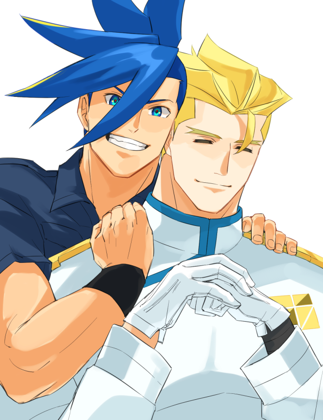 2boys blonde_hair blue_eyes blue_hair bracelet buzz_cut close-up closed_eyes collared_shirt galo_thymos gloves hand_on_shoulder holding_hands hug jewelry kray_foresight long_sleeves looking_at_viewer male_focus multiple_boys muscular muscular_male promare sake_(kadai) shirt short_hair shoulder_pads smile spiky_hair very_short_hair