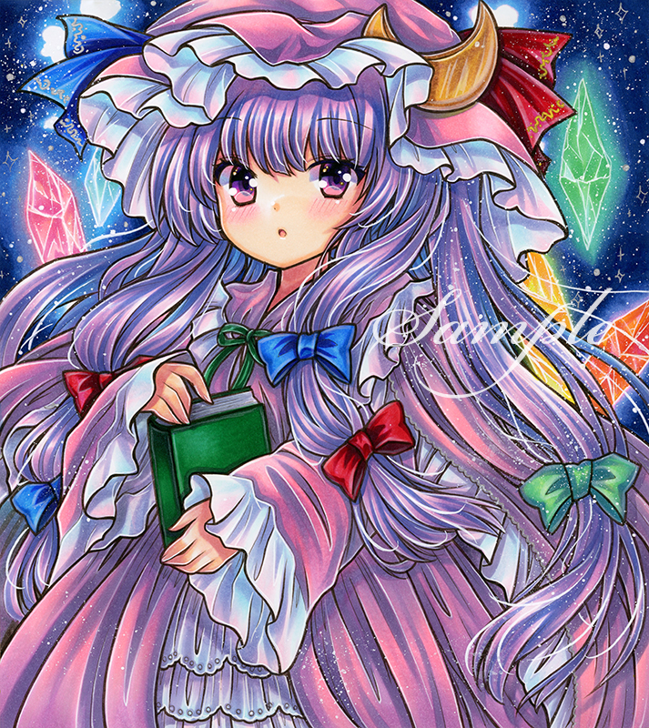 1girl :o bangs blue_background blue_bow blue_ribbon blush book bow crescent crescent_hat_ornament crystal dot_nose dress eyebrows_visible_through_hair frilled_hat frills green_ribbon hair_bow hair_ribbon hat hat_ornament hat_ribbon holding holding_book long_hair long_sleeves looking_at_viewer marker_(medium) mob_cap neck_ribbon night night_sky parted_lips patchouli_knowledge purple_dress purple_hair purple_headwear red_bow red_ribbon ribbon rui_(sugar3) sample_watermark shikishi sidelocks sky solo star_(sky) starry_sky touhou traditional_media tress_ribbon upper_body very_long_hair violet_eyes watermark wide_sleeves