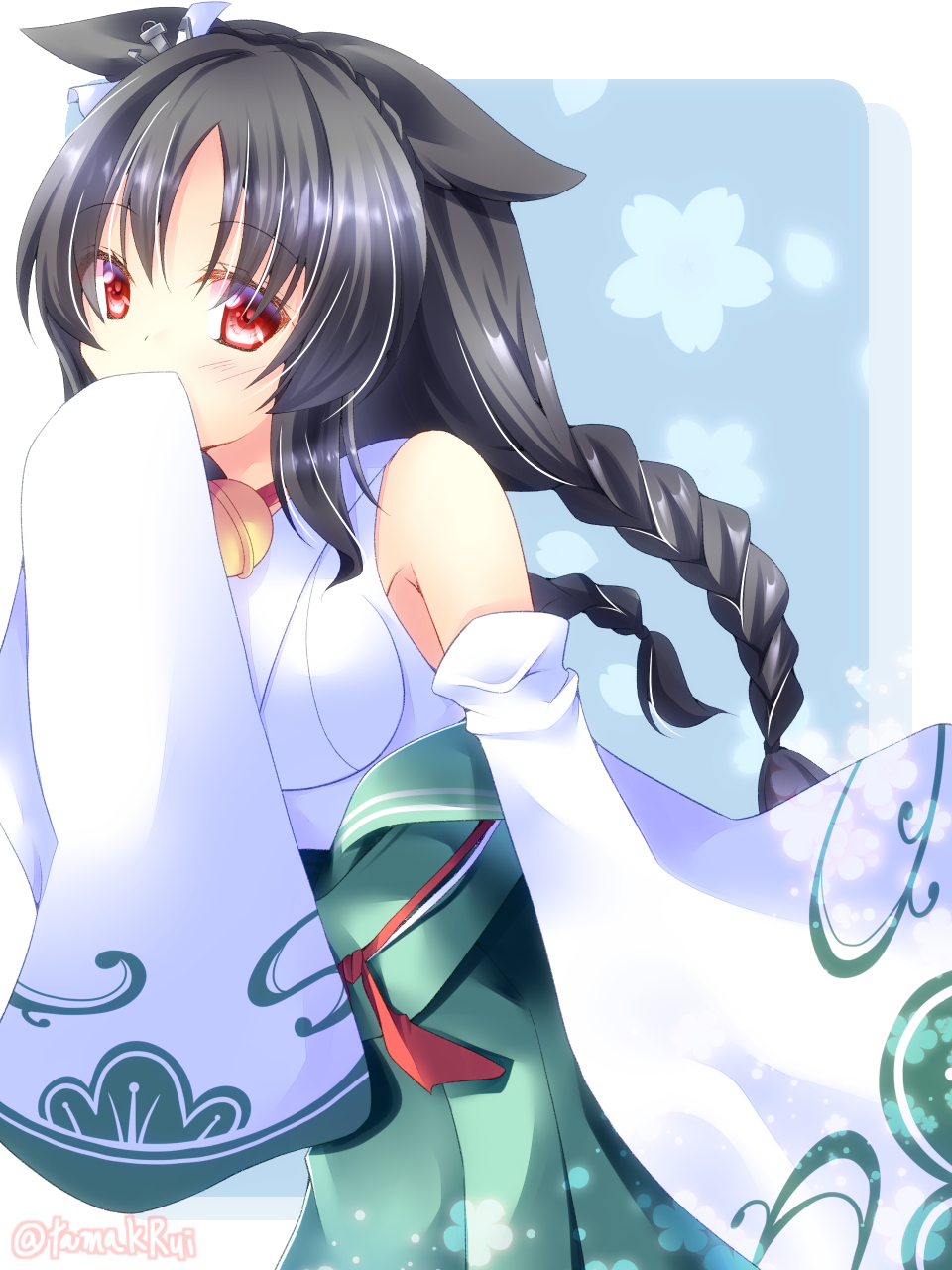 1girl anchor_hair_ornament animal_ears azur_lane bell blue_background braid breasts cat_ears covering_mouth cowboy_shot detached_sleeves green_hakama hair_ornament hakama hakama_skirt highres japanese_clothes jingle_bell kimono looking_at_viewer medium_breasts neck_bell ooshio_(azur_lane) skirt solo tamak_rui twin_braids twitter_username white_background wide_sleeves