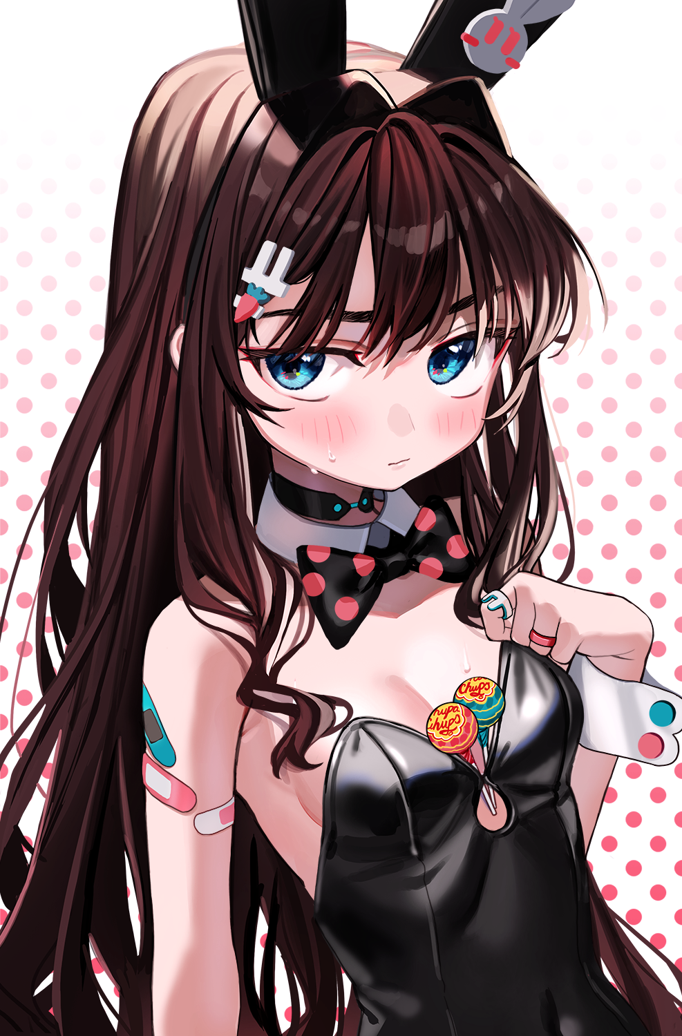 1girl animal_ears bandaid bandaid_on_arm bangs bare_shoulders black_bow black_bowtie blue_eyes blush bow bowtie breasts brown_hair candy chupa_chups closed_mouth collar commentary_request detached_collar elisia_valfelto eyebrows_behind_hair food hair_intakes hair_ornament highres kemonomimi_mode leotard loli lollipop long_hair looking_at_viewer luicent original playboy_bunny polka_dot polka_dot_background polka_dot_bowtie rabbit_ears small_breasts solo strapless strapless_leotard sweat thick_eyebrows very_long_hair white_background white_collar wing_collar wrist_cuffs