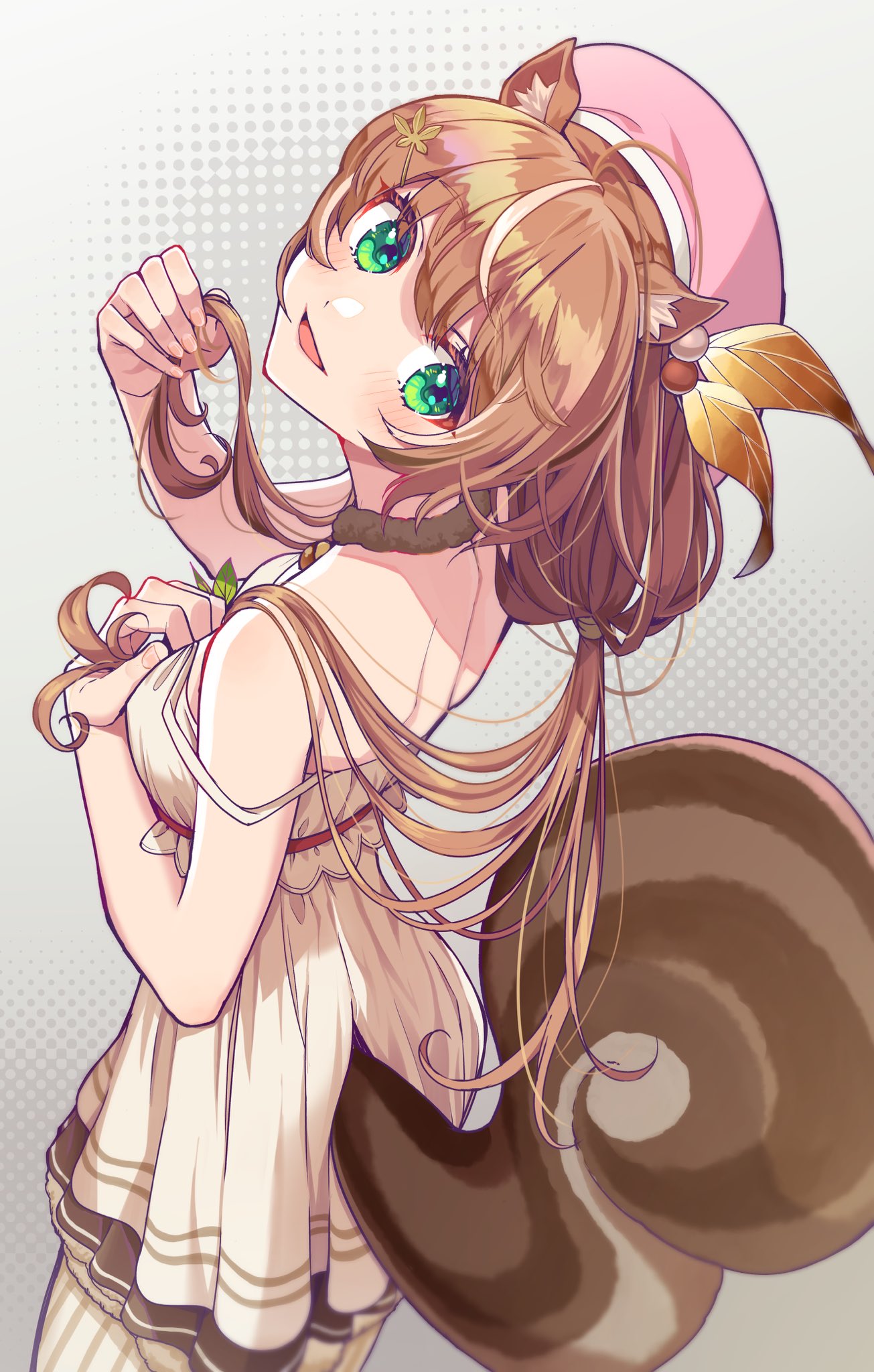 1girl animal_ear_fluff animal_ears ayunda_risu bangs bare_arms beret blush breasts brown_hair dress from_behind green_eyes hair_ornament hand_on_own_chest hat highres holding holding_hair hololive hololive_indonesia itaboon leaf_hair_ornament long_hair looking_at_viewer looking_back multicolored_hair open_mouth pink_headwear smile solo squirrel_ears squirrel_girl squirrel_tail standing strap_slip streaked_hair tail virtual_youtuber white_dress white_hair