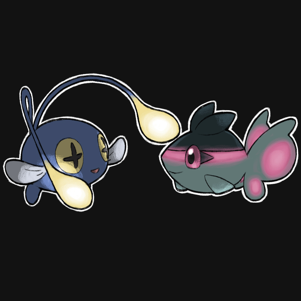 +_+ animal_focus black_background blacknirrow chinchou closed_mouth commentary eye_contact finneon fish full_body glowing light looking_at_another no_humans open_mouth outline pokemon pokemon_(creature) smile yellow_eyes