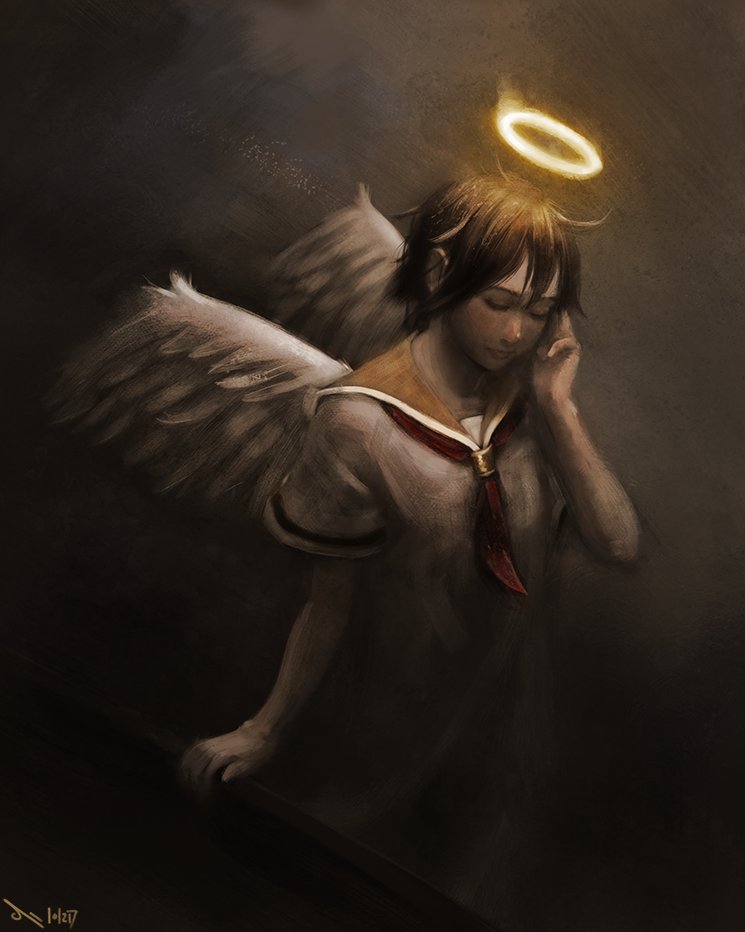 1girl angel angel_wings arm_at_side bangs brown_hair closed_eyes commentary dark dress english_commentary feathered_wings haibane_renmei hair_between_eyes hand_up holo ili_(ili104) light light_particles neckerchief nose orange_sailor_collar rakka_(haibane) red_neckerchief sailor_collar short_hair short_sleeves solo standing white_dress white_wings wings