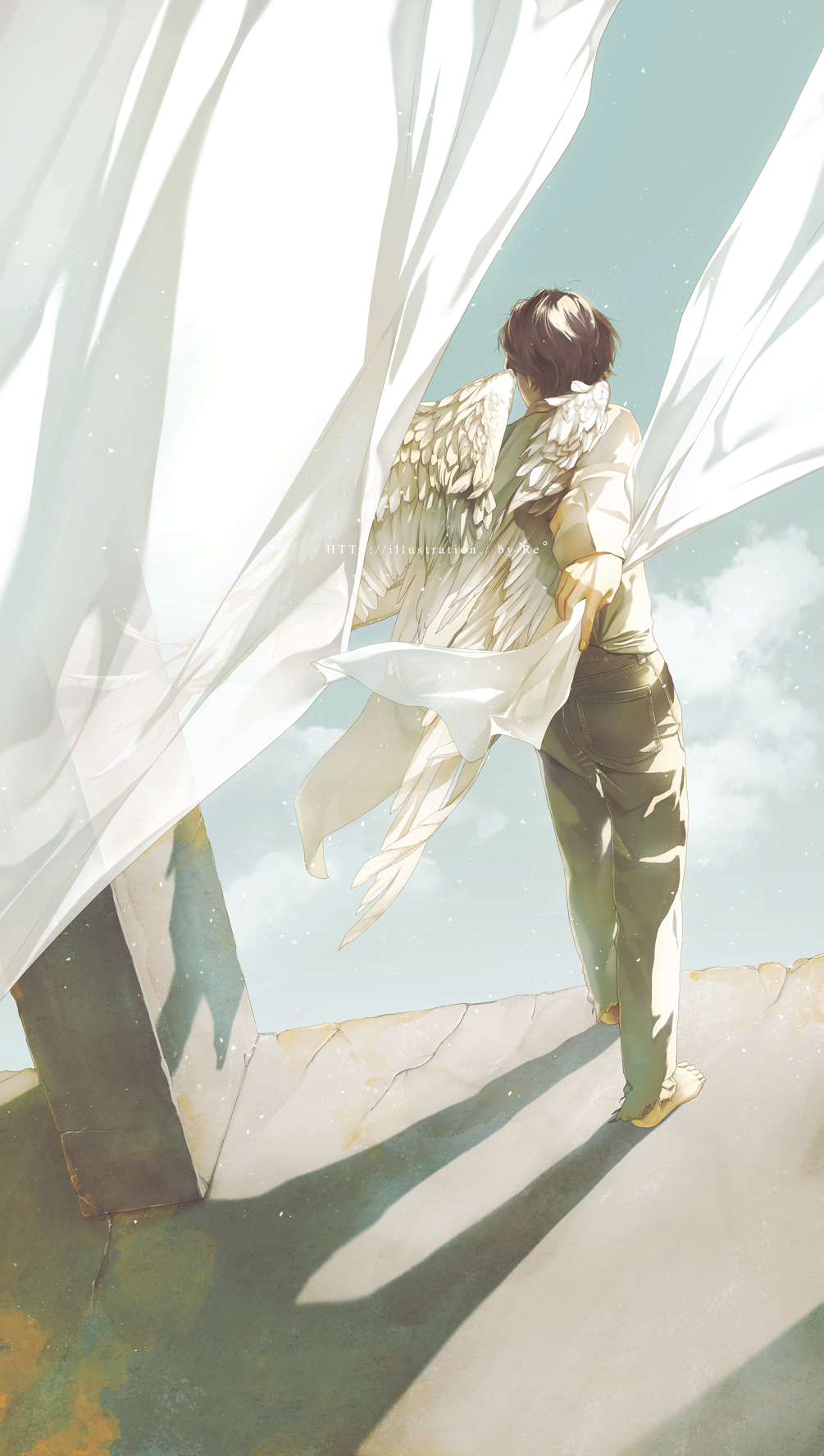 1boy angel_wings arm_at_side artist_name barefoot brown_hair clouds cloudy_sky column crack cracked_floor curtain_grab curtains denim dutch_angle facing_away feathered_wings fingernails floor from_behind full_body grey_sky highres jeans light_particles long_sleeves male_focus original outdoors outstretched_arm pants pillar rido_(ridograph) shadow shirt sidelighting sky stone_floor sunlight torn_clothes torn_jeans torn_pants white_shirt white_wings wings