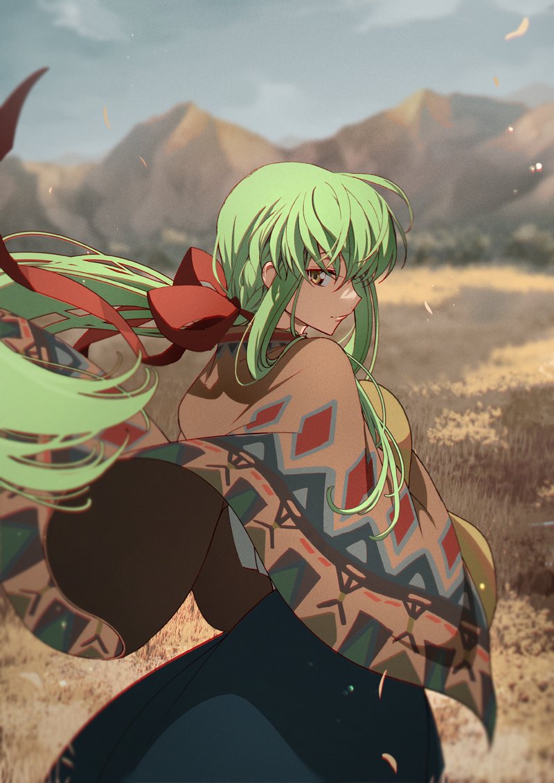1girl braid c.c. code_geass creayus green_hair long_hair looking_at_viewer mountain outdoors poncho ponytail skirt smile solo