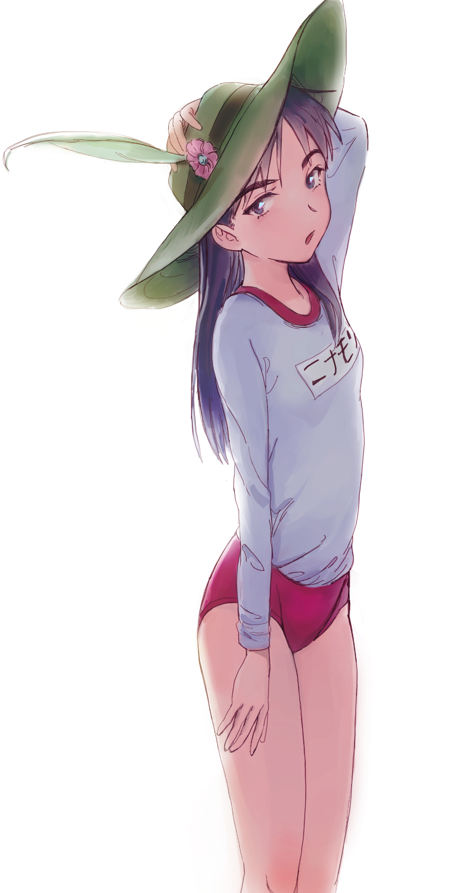 1girl arm_up buruma commentary flower green_headwear hand_on_own_head hat hat_feather hat_flower highres long_hair long_sleeves looking_to_the_side open_mouth original season_(artist) simple_background solo standing white_background