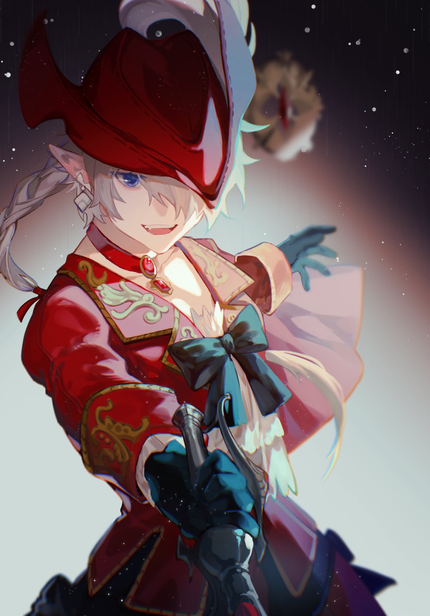 1girl alisaie_leveilleur bangs black_bow black_gloves blue_eyes blurry bow choker coat collared_coat commentary depth_of_field earrings elezen elf final_fantasy final_fantasy_xiv gloves hair_over_one_eye hair_ribbon hat hat_feather highres holding holding_weapon jewelry lluyss looking_at_viewer low_ponytail medium_hair one_eye_covered open_clothes open_coat open_mouth outstretched_arms pointy_ears red_choker red_coat red_headwear red_mage ribbon silver_hair solo upper_body weapon