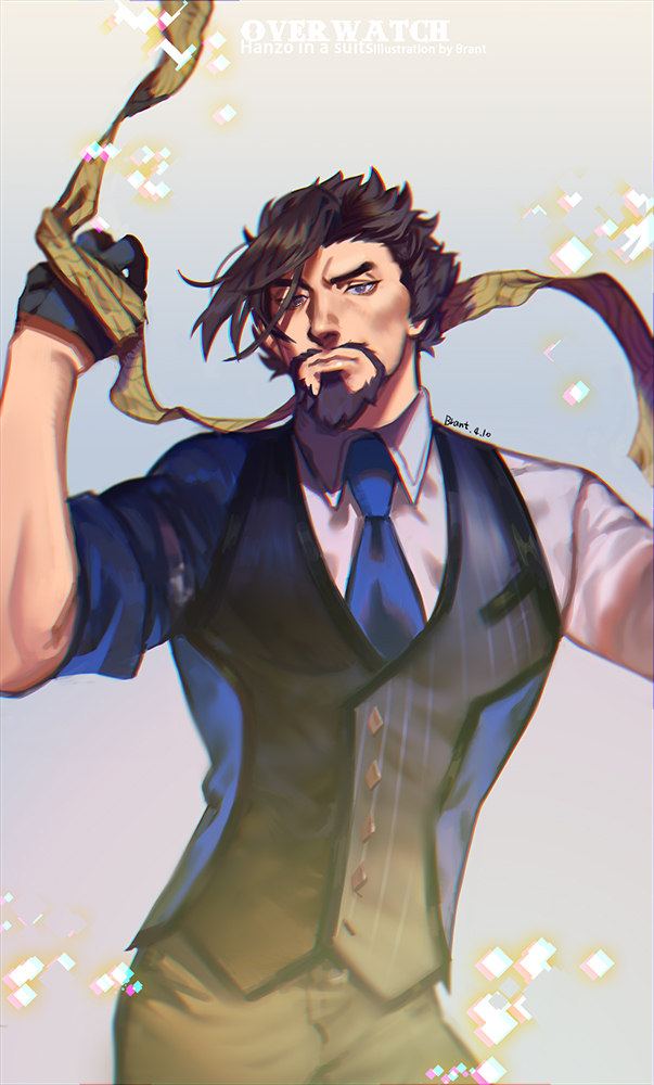 1boy armband beard black_eyes black_hair brant0815 collared_shirt facial_hair formal gloves hanzo_(overwatch) headband looking_at_viewer male_focus manly muscular muscular_male necktie overwatch pants pectorals scion_hanzo shirt solo sparkle spiky_hair suit thick_eyebrows tight upper_body