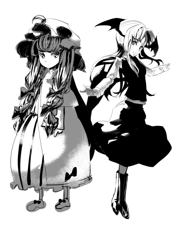 2girls arms_up book crescent crescent_hat_ornament full_body greyscale hat hat_ornament head_wings koakuma long_hair long_sleeves looking_at_viewer looking_to_the_side monochrome multiple_girls outstretched_arms patchouli_knowledge polpol simple_background smile standing touhou white_background wings