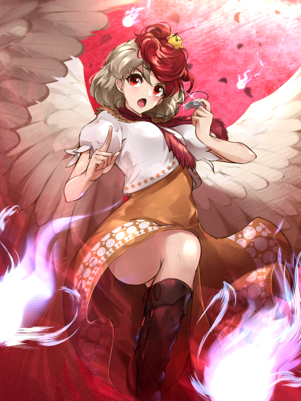 13-gou 1girl animal_on_head bird bird_on_head bird_tail bird_wings blonde_hair brown_dress chick chicken dress feathered_wings multicolored_hair niwatari_kutaka on_head orange_dress red_neckwear redhead shirt solo tail tail_feathers touhou two-tone_hair whistle white_shirt wings yellow_wings