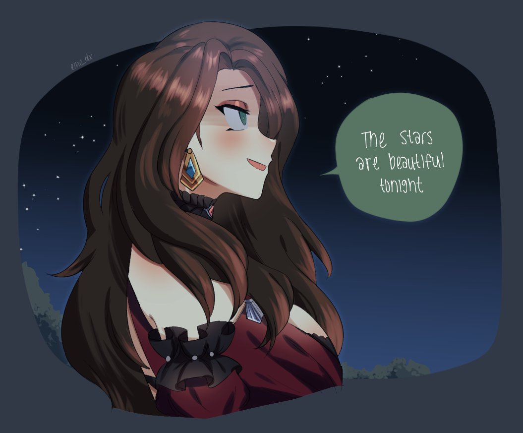 1girl breasts brown_hair dorothea_arnault dress earrings eine_(eine_dx) english_text fire_emblem fire_emblem:_three_houses green_eyes jewelry large_breasts long_hair night night_sky red_dress sky solo star_(sky) starry_sky tagme