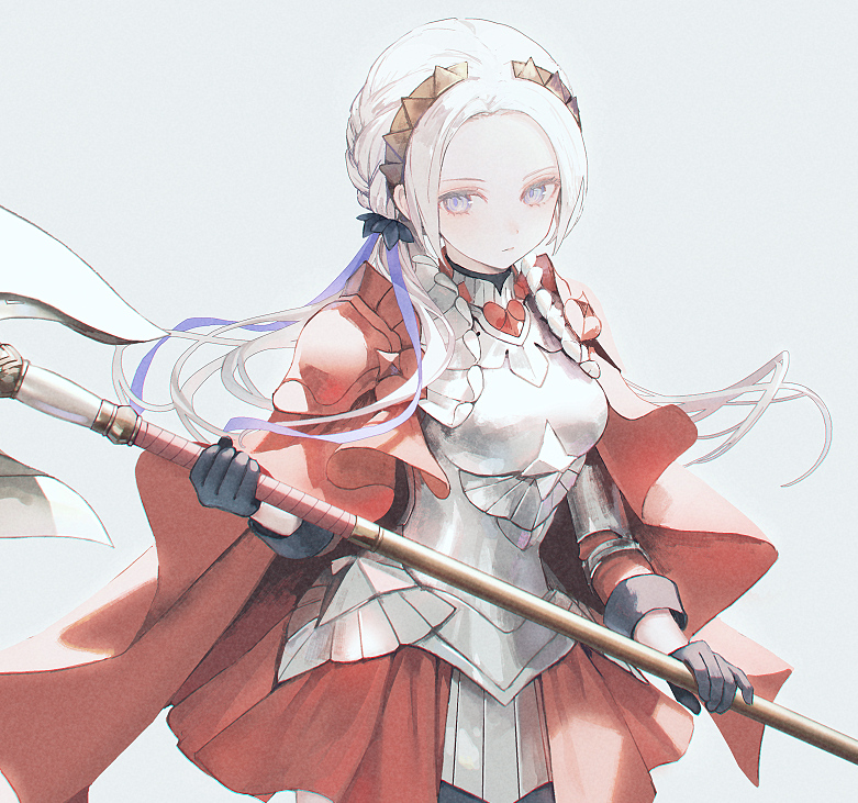 1girl 21_(eotyq58d6do16cs) alternate_costume alternate_hairstyle armor axe blue_eyes breastplate cape closed_mouth edelgard_von_hresvelg fire_emblem fire_emblem:_three_houses fire_emblem_warriors:_three_hopes gloves hair_ornament hair_ribbon long_hair looking_at_viewer official_alternate_costume official_alternate_hairstyle red_cape ribbon simple_background solo violet_eyes weapon white_hair