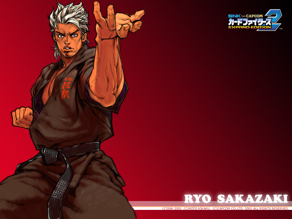 1boy alternate_costume arm_behind_back belt black_belt black_clothes blonde_hair blue_eyes clenched_hand cowboy_shot dougi facial_hair fighting_stance hiroaki_(kof) karate_gi logo looking_at_viewer male_focus mature_male mr._karate_ii muscular muscular_male name_tag official_art open_hand open_mouth pectoral_cleavage pectorals promotional_art red_background ryou_sakazaki ryuuko_no_ken short_hair simple_background snk snk_vs_capcom:_card_fighters_2 solo spiky_hair stubble
