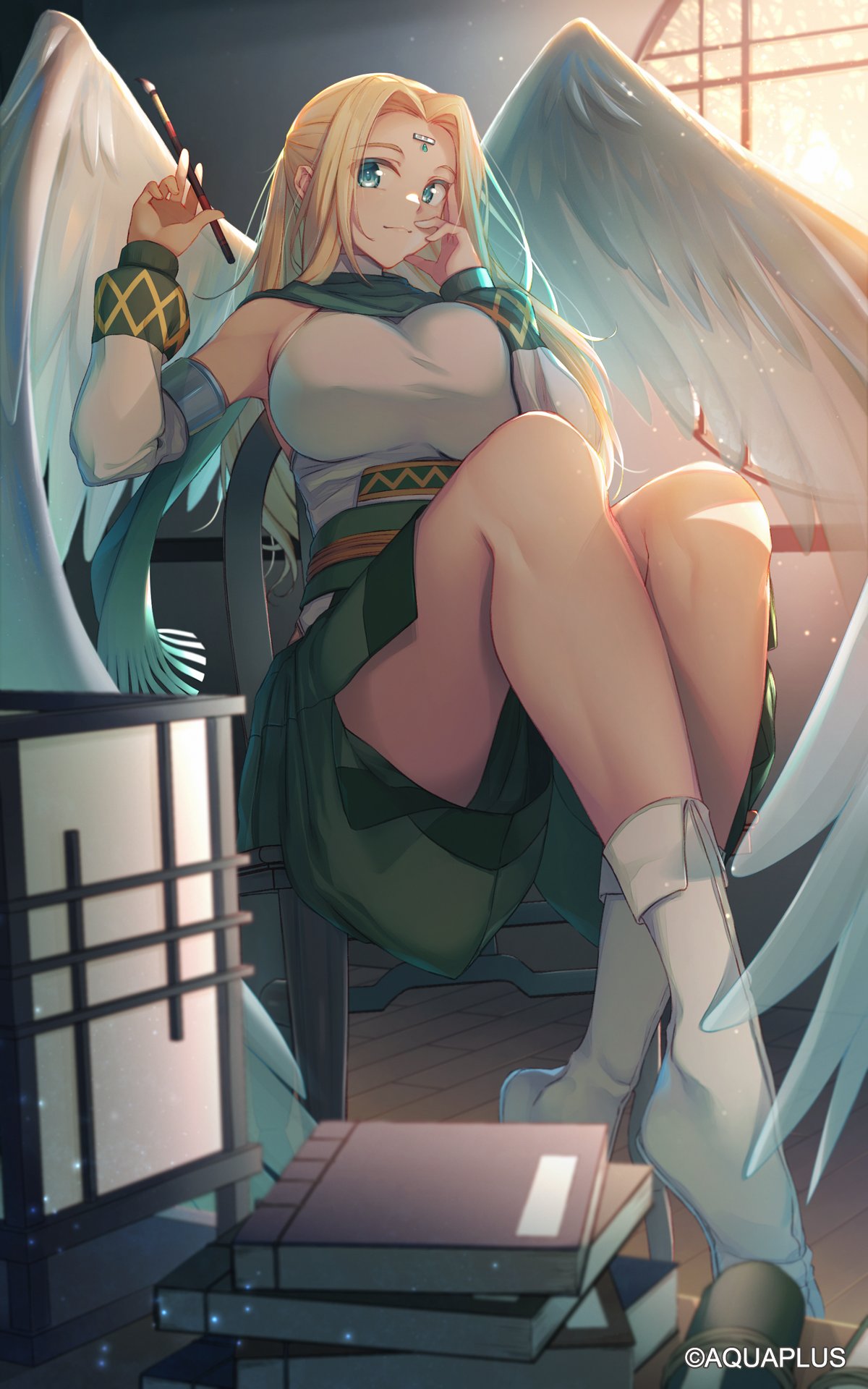 1girl angel_wings aqua_eyes blonde_hair breasts closed_mouth commentary_request facial_mark forehead_jewel forehead_mark highres large_breasts legs long_hair looking_at_viewer smile solo thighs urtoriy utawarerumono white_wings wings yorubeni