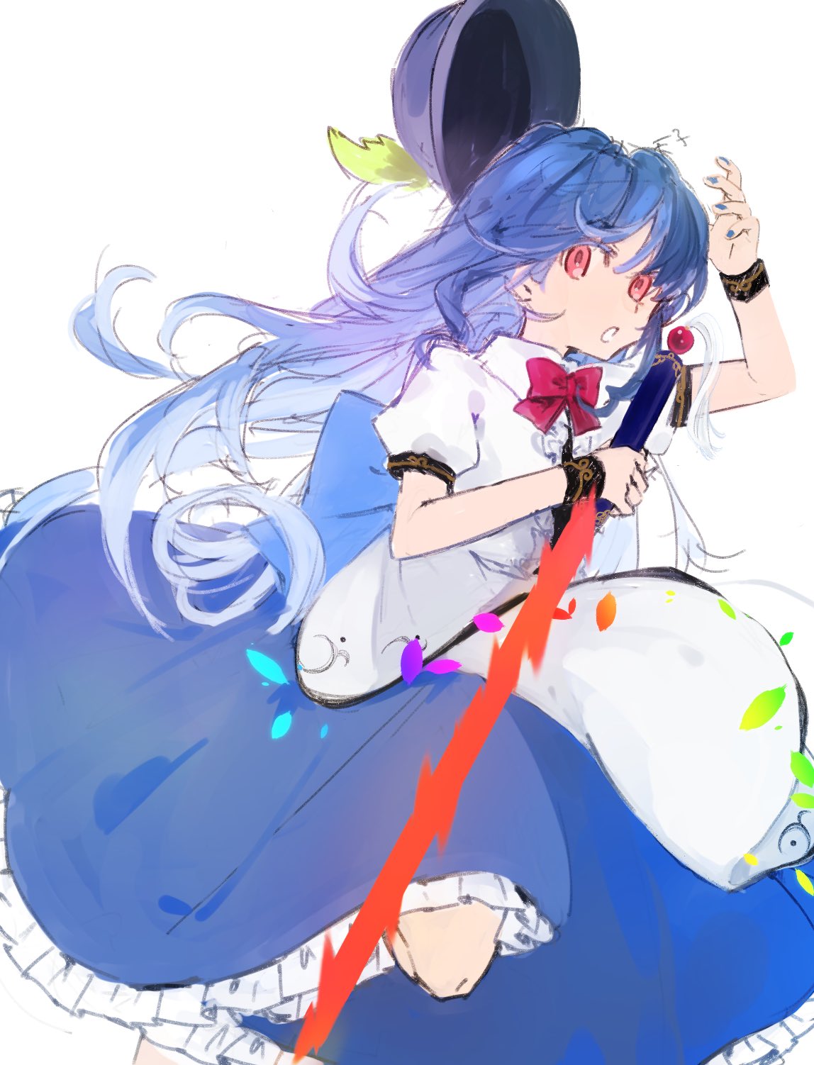 1girl black_headwear blue_hair blue_skirt hat hat_removed headwear_removed highres hinanawi_tenshi holding holding_sword holding_weapon long_hair long_skirt neck_ribbon puffy_short_sleeves puffy_sleeves red_eyes ribbon shirt short_sleeves skirt suehachi_(hikage) sword sword_of_hisou touhou weapon white_shirt wind