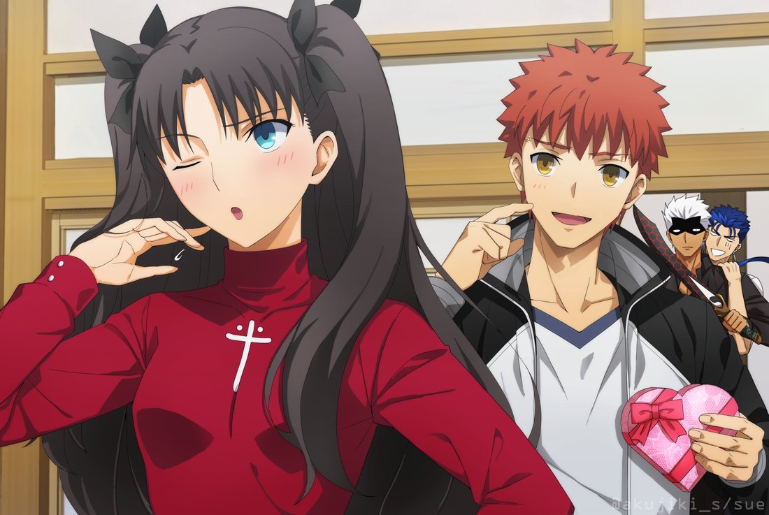 1girl 3boys akujiki59 angry archer_(fate) architecture artist_name black_hair blue_eyes blue_hair blush box box_of_chocolates building bunches chocolate cross cu_chulainn_(fate) cu_chulainn_(fate/stay_night) earrings east_asian_architecture emiya_shirou fate/stay_night fate_(series) furious hand_on_own_face jacket jewelry long_hair long_sleeves multiple_boys one_eye_closed open_clothes open_jacket open_mouth ponytail redhead shirt smile spiky_hair stud_earrings sweater sword t-shirt tan tohsaka_rin turtleneck turtleneck_sweater valentine weapon white_hair worried yellow_eyes