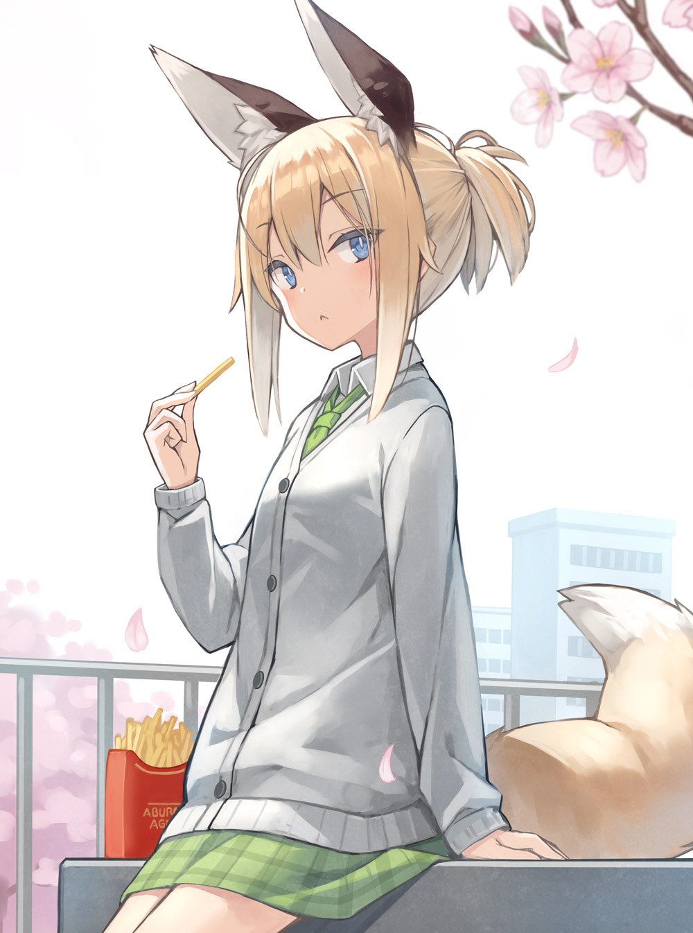 1girl animal_ears bangs blonde_hair blue_eyes branch building cardigan collared_shirt commentary_request eyebrows_visible_through_hair flower food fox_ears fox_girl fox_tail french_fries green_necktie green_skirt grey_cardigan hair_between_eyes highres holding holding_food necktie original parted_lips petals pink_flower plaid plaid_skirt poco_(asahi_age) ponytail railing shirt sidelocks sitting skirt solo tail white_shirt