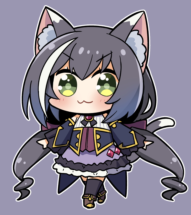 1girl :3 animal_ear_fluff animal_ears bangs black_hair black_legwear blush brown_footwear cat_ears cat_girl cat_tail chibi closed_mouth commentary_request detached_sleeves dress drill_hair eyebrows_visible_through_hair green_eyes grey_background hair_between_eyes karyl_(princess_connect!) long_hair long_sleeves looking_at_viewer low_twintails multicolored_hair plover princess_connect! sidelocks simple_background sleeveless sleeveless_dress smug solo standing tail thigh-highs twintails zettai_ryouiki