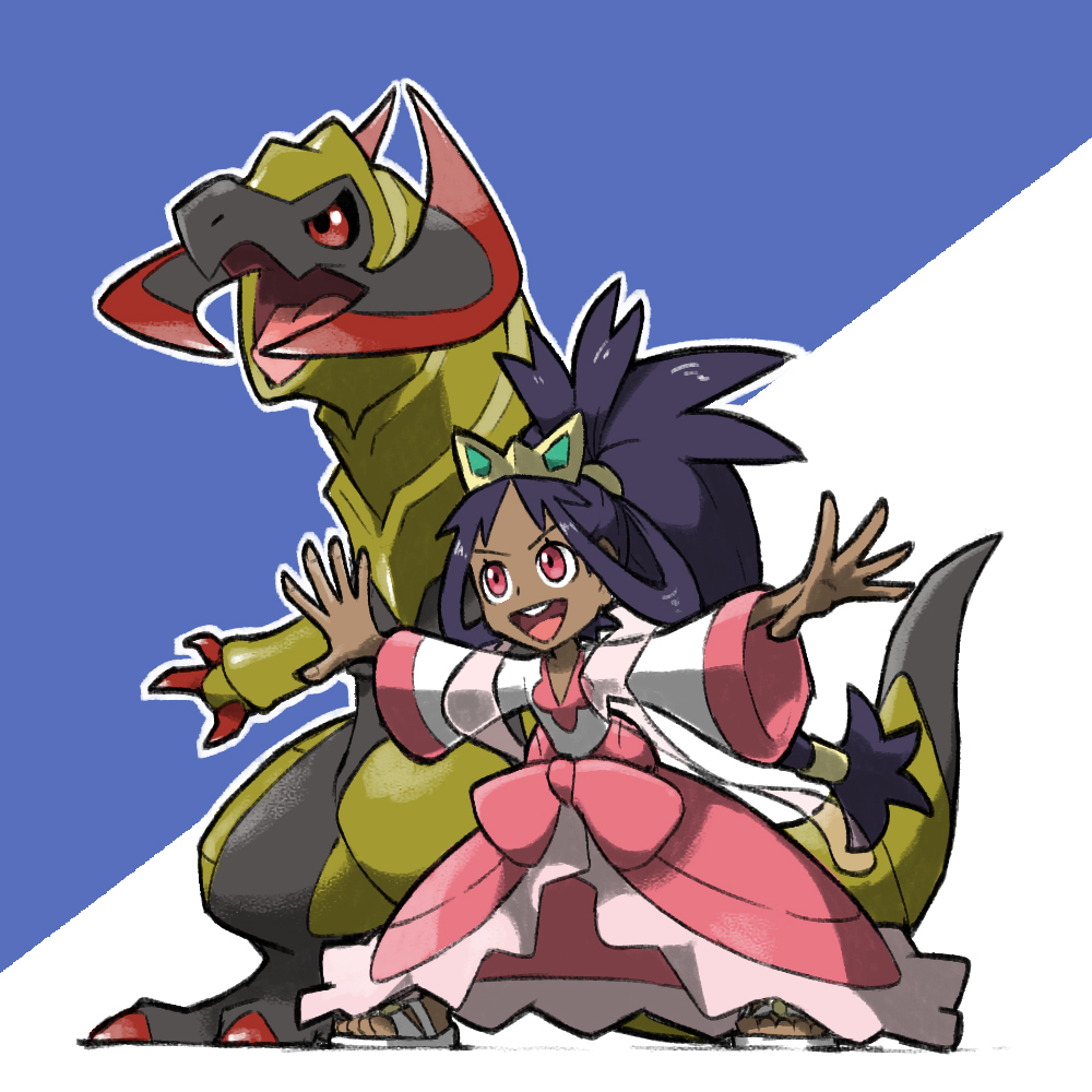 1girl arms_up blacknirrow blue_background crown dark-skinned_female dark_skin dragon dress haxorus iris_(pokemon) open_mouth pokemon pokemon_(creature) pokemon_(game) pokemon_bw2 red_eyes red_nails sandals teeth two-tone_background white_background