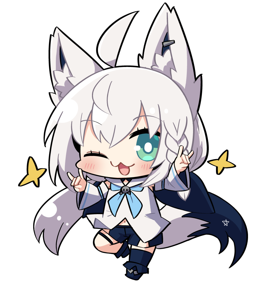 1girl :3 :d ahoge animal_ear_fluff animal_ears aqua_eyes black_footwear black_legwear black_shorts blue_neckerchief blush boots braid chibi commentary_request detached_sleeves double_fox_shadow_puppet earrings eyebrows_visible_through_hair fox_ears fox_girl fox_shadow_puppet fox_tail full_body hololive jewelry long_hair long_sleeves looking_at_viewer midriff navel neckerchief one_eye_closed open_mouth pentagram plover pose shirakami_fubuki shirt short_shorts shorts side_braid sidelocks single_braid single_thighhigh smile solo sparkle standing standing_on_one_leg star_(symbol) tail thigh-highs tongue transparent_background white_hair white_shirt wide_sleeves