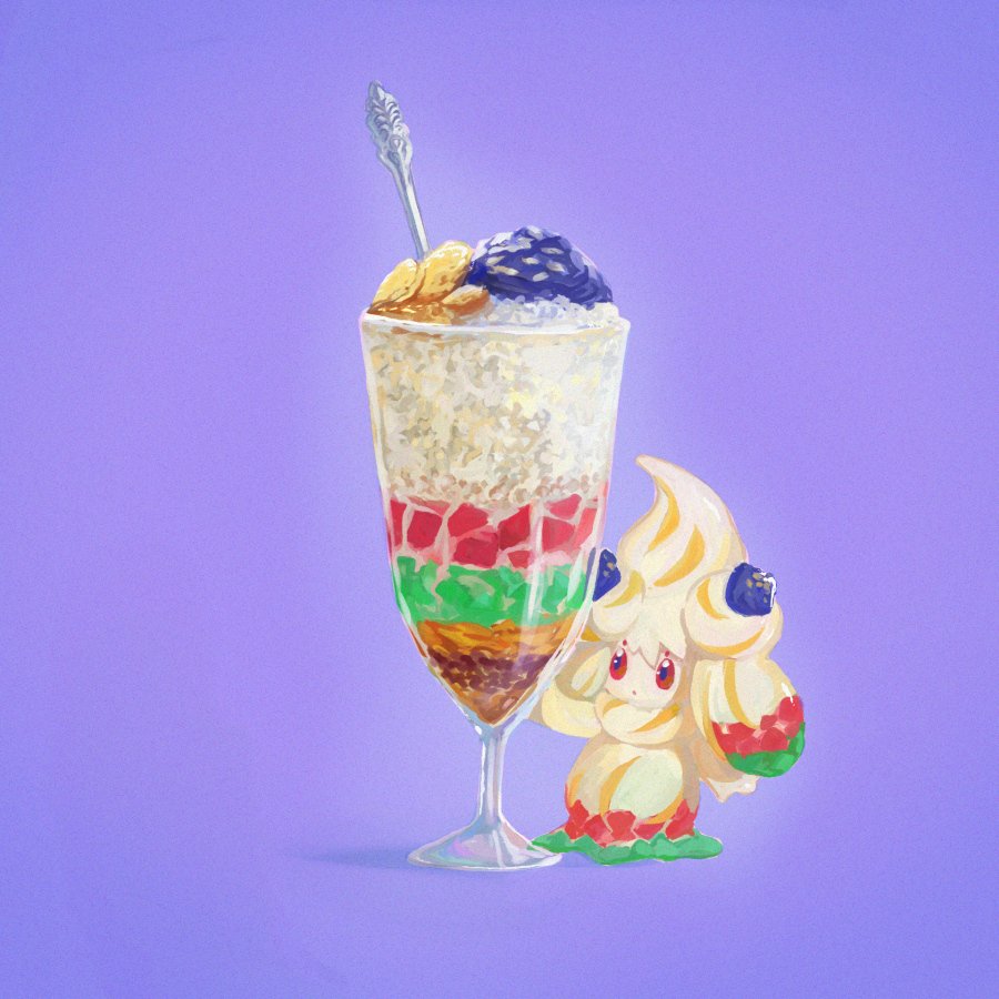 alcremie closed_mouth commentary cup dessert food glass go-lurk holding holding_cup looking_up no_humans pokemon pokemon_(creature) purple_background red_eyes solo spoon