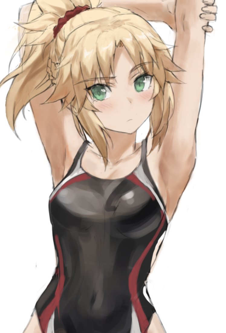 1girl bangs blonde_hair braid breasts fate/apocrypha fate_(series) french_braid green_eyes long_hair looking_at_viewer mordred_(fate) mordred_(fate/apocrypha) parted_bangs ponytail sidelocks small_breasts solo swimsuit tonee