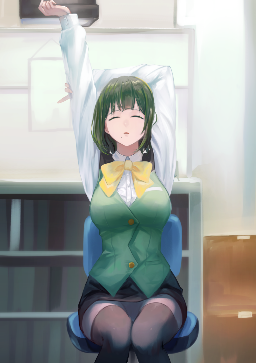 1girl black_legwear black_skirt bow bowtie breasts closed_eyes feet_out_of_frame green_hair green_vest hairband highres holding_own_arm idolmaster idolmaster_(classic) indoors medium_breasts mole mole_under_mouth office_lady on_chair otonashi_kotori outstretched_arm pencil_skirt sayuumigi shirt sitting skirt solo stretch thigh-highs vest white_shirt yellow_bow yellow_bowtie yellow_hairband