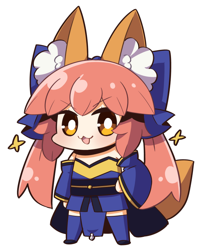 1girl :3 :d animal_ears bangs blue_bow blue_kimono blue_legwear bow chibi commentary_request detached_sleeves eyebrows_visible_through_hair fate/extra fate_(series) fox_ears fox_girl fox_tail full_body hair_bow hand_on_hip japanese_clothes kimono light_blush long_hair long_sleeves looking_at_viewer obi open_mouth pelvic_curtain pink_hair plover sash sidelocks simple_background smile smug solo sparkle split_ponytail standing tail tamamo_(fate) tamamo_no_mae_(fate/extra) thigh-highs tongue v-shaped_eyebrows white_background wide_sleeves yellow_eyes zettai_ryouiki