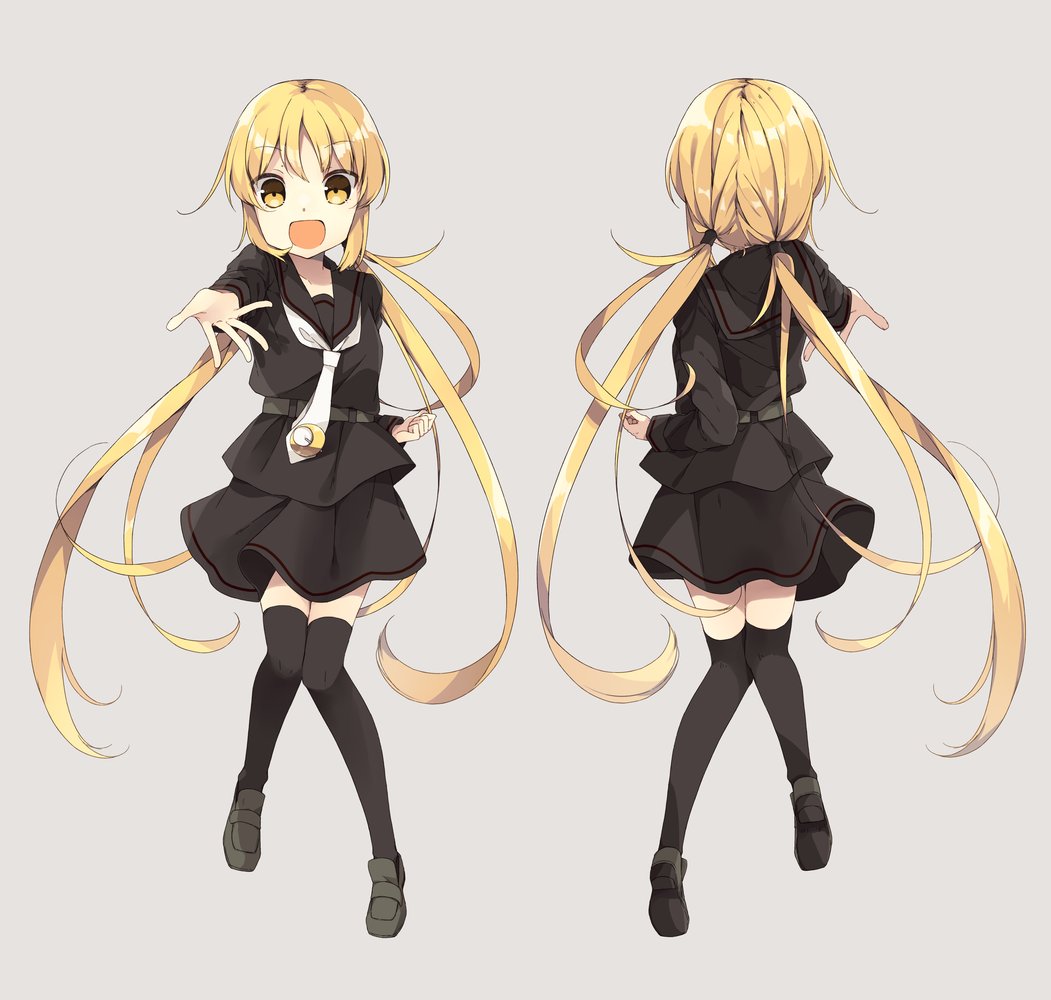 1girl black_legwear black_sailor_collar black_serafuku black_skirt blonde_hair commentary_request crescent crescent_pin full_body grey_background kantai_collection kurasaki_cosmos long_hair looking_at_viewer low_twintails multiple_views necktie sailor_collar satsuki_(kancolle) school_uniform serafuku simple_background skirt smile thigh-highs twintails white_necktie yellow_eyes