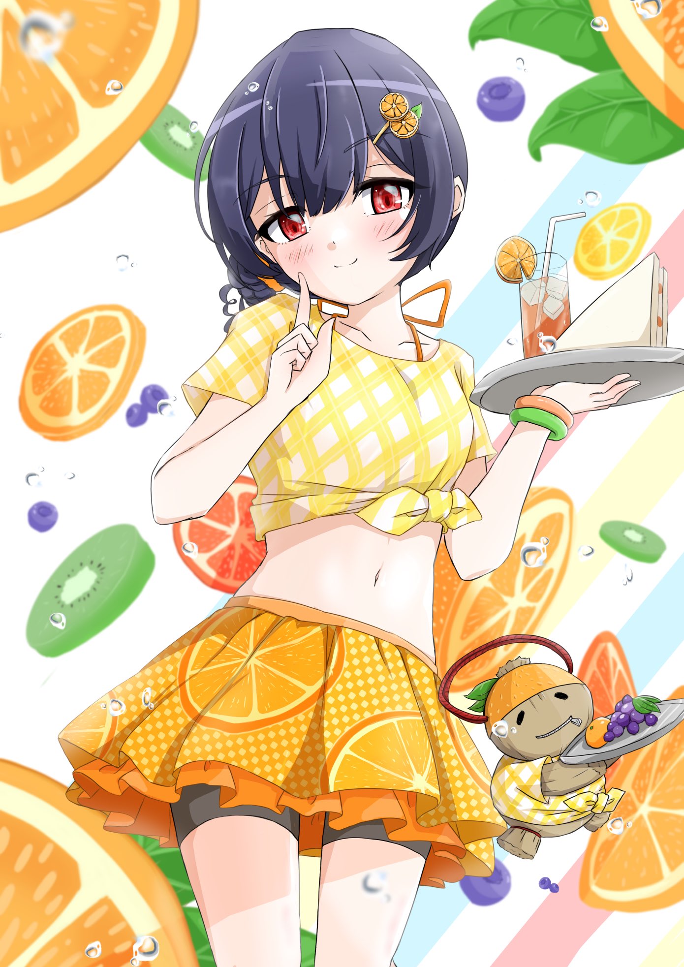 bangs bike_shorts black_hair black_shorts blush breasts checkered_clothes checkered_shirt collarbone commentary_request eyebrows_visible_through_hair food food-themed_hair_ornament frilled_skirt frills fruit fruit_background grapes hair_bun hair_ornament hairclip hand_up highres howaso iced_tea idolmaster idolmaster_shiny_colors index_finger_raised looking_at_viewer midriff morino_rinze navel orange_(fruit) orange_hair_ornament orange_print orange_skirt orange_slice polka_dot_skirt red_eyes sandwich shirt short_hair short_sleeves shorts skirt small_breasts smile solo stuffed_toy thighs tied_shirt tray water_drop white_background wristband yellow_shirt