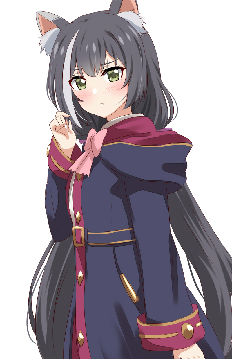 1girl animal_ear_fluff animal_ears bangs black_hair blush bow cat_ears closed_mouth coat commentary_request eyebrows_visible_through_hair green_eyes highres karyl_(princess_connect!) lieass long_hair low_twintails multicolored_hair pink_bow pout princess_connect! purple_coat solo streaked_hair twintails very_long_hair white_hair