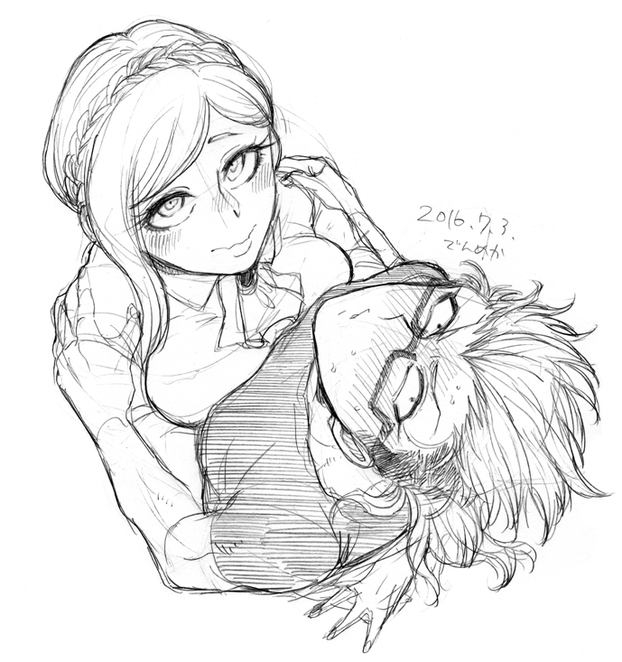1boy 1girl ascot bespectacled blush braid breast_press breasts closed_mouth danganronpa_(series) danganronpa_2:_goodbye_despair dated den1208 from_above glasses greyscale hug large_breasts long_hair looking_at_viewer looking_up monochrome shirt short_hair short_sleeves sketch sonia_nevermind souda_kazuichi