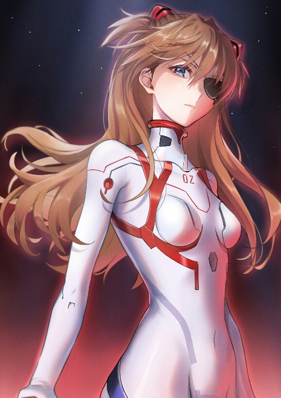 1girl anzu_(hdgp4883) blue_eyes bodysuit breasts breasts_apart brown_hair closed_mouth covered_navel eyepatch floating_hair headgear long_hair looking_at_viewer neon_genesis_evangelion plugsuit shiny shiny_hair small_breasts solo souryuu_asuka_langley standing very_long_hair white_bodysuit