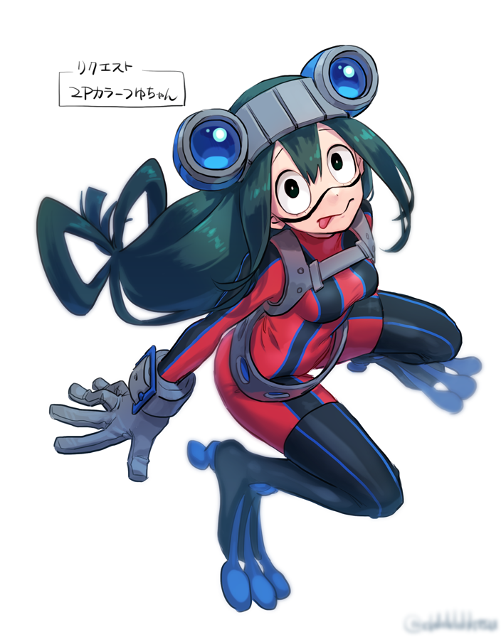 1girl :&gt; asui_tsuyu black_eyes bodysuit boku_no_hero_academia frog_girl from_above gloves goggles goggles_on_head green_hair hair_between_eyes hair_rings long_hair looking_at_viewer low-tied_long_hair ohhhhhhtsu red_bodysuit solo tongue tongue_out twitter_username white_background white_gloves