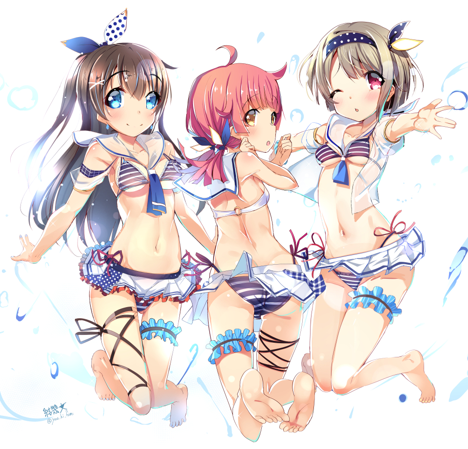 3girls ahoge armband ass back barefoot bikini blue_bikini blue_eyes blue_neckerchief blush breasts brown_hair chestnut_mouth commentary_request eyebrows_visible_through_hair frilled_skirt frills hair_ribbon hands_up headband jumping legs light_brown_hair long_hair looking_at_viewer looking_back love_live! love_live!_nijigasaki_high_school_idol_club medium_breasts mismatched_bikini multiple_girls nakasu_kasumi navel neckerchief one_eye_closed open_clothes open_mouth open_shirt ousaka_shizuku outstretched_arms pink_hair polka_dot ponytail red_eyes ribbon sailor_collar see-through_shirt shirt short_hair short_sleeves short_twintails signature skirt small_breasts smile stomach string_bikini striped striped_bikini swimsuit tennouji_rina thigh_strap thighs twintails twitter_username white_background white_shirt white_skirt yellow_eyes yuuki_fumi_(kueg7288)
