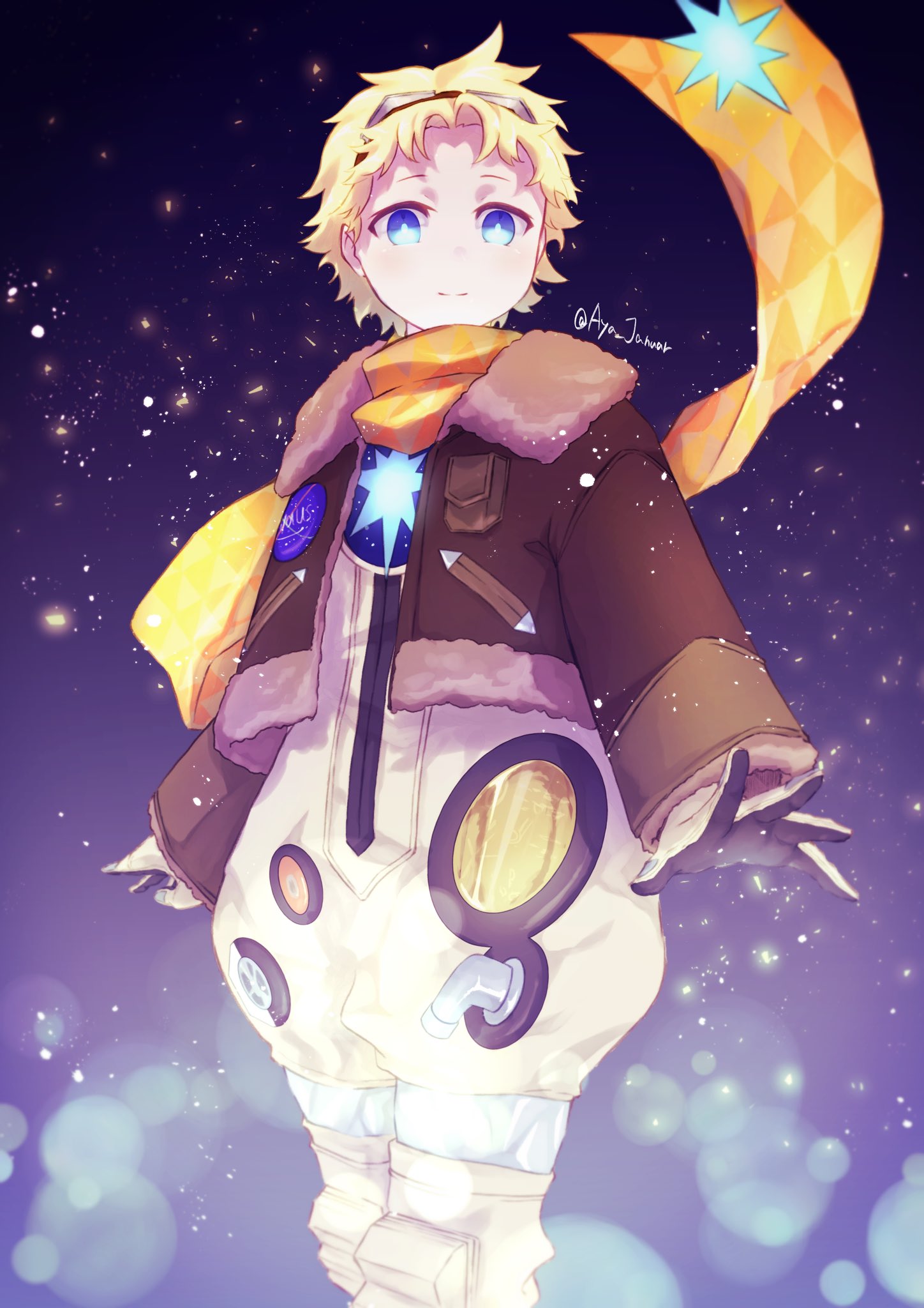 1boy ayakusa-haku baggy_clothes bangs blonde_hair blue_eyes bright_pupils closed_mouth commentary_request fate/grand_order fate/requiem fate_(series) glowing highres male_focus parted_bangs scarf short_hair sky smile solo space star_(sky) star_(symbol) starry_background starry_sky voyager_(fate) yellow_scarf