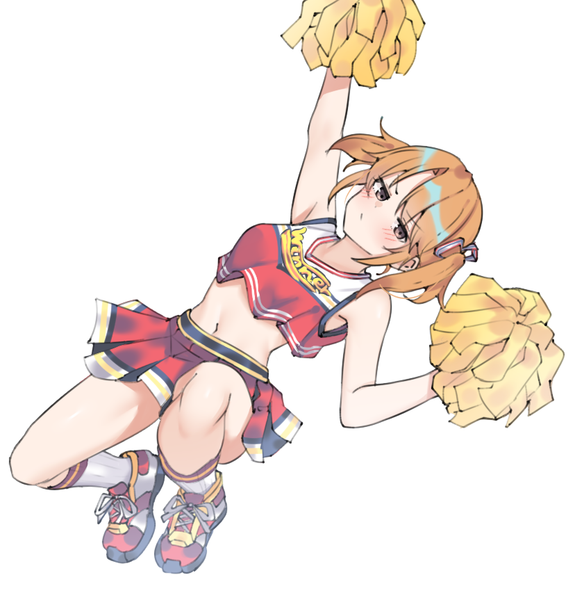 1girl aa211108 blush cheerleader crop_top dutch_angle idolmaster idolmaster_cinderella_girls kneehighs looking_at_viewer navel orange_hair outstretched_arm pleated_skirt pom_pom_(cheerleading) shirt shoes simple_background skirt sleeveless sleeveless_shirt sneakers solo twintails v-shaped_eyebrows white_background yuuki_haru