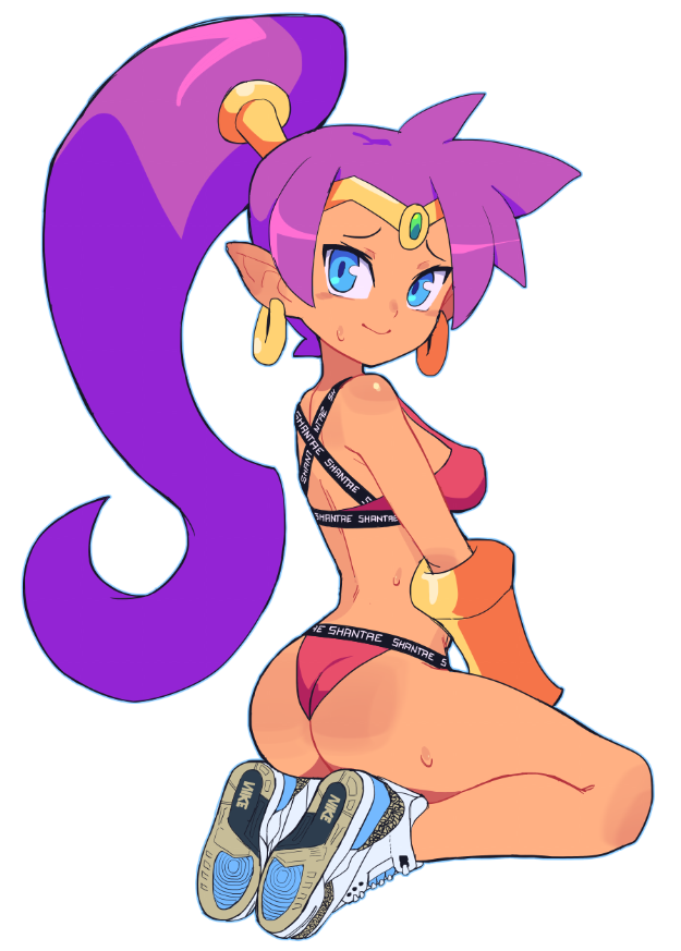 1girl ass bangs bare_shoulders breasts character_name commentary dark-skinned_female dark_skin earrings from_behind full_body hair_ornament high_ponytail jewelry long_hair looking_at_viewer looking_back medium_breasts pointy_ears ponytail purple_hair shantae shantae_(series) shiny shiny_hair shiny_skin shoes simple_background sitting slammo sneakers solo sports_bikini sweat sweatdrop tank_top thighs tiara white_background
