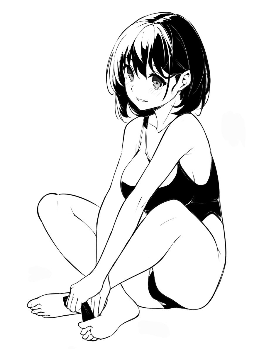1girl bangs bare_shoulders breasts highres kekemotsu large_breasts looking_at_viewer monochrome original short_hair smile solo swimsuit