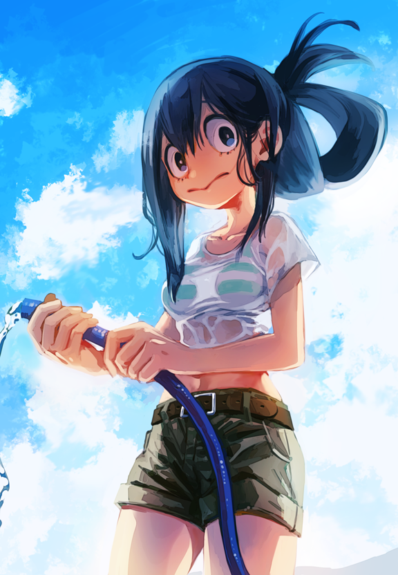 1girl :&gt; asui_tsuyu belt boku_no_hero_academia bra brown_belt clouds day frog_girl green_shorts hair_between_eyes hair_rings holding holding_hose hose looking_at_viewer ohhhhhhtsu outdoors shirt shorts sky solo striped striped_bra underwear water wet wet_clothes wet_shirt