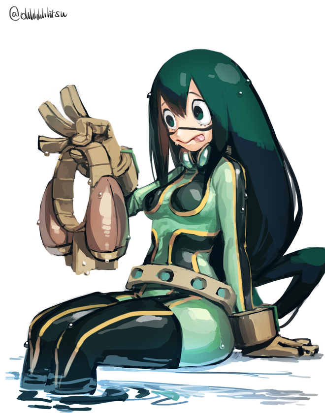 1girl :&gt; asui_tsuyu bodysuit boku_no_hero_academia breasts brown_gloves frog_girl gloves goggles green_bodysuit green_eyes green_hair hair_rings holding holding_goggles long_hair looking_at_object low-tied_long_hair medium_breasts ohhhhhhtsu sitting soaking_feet solo twitter_username wet white_background